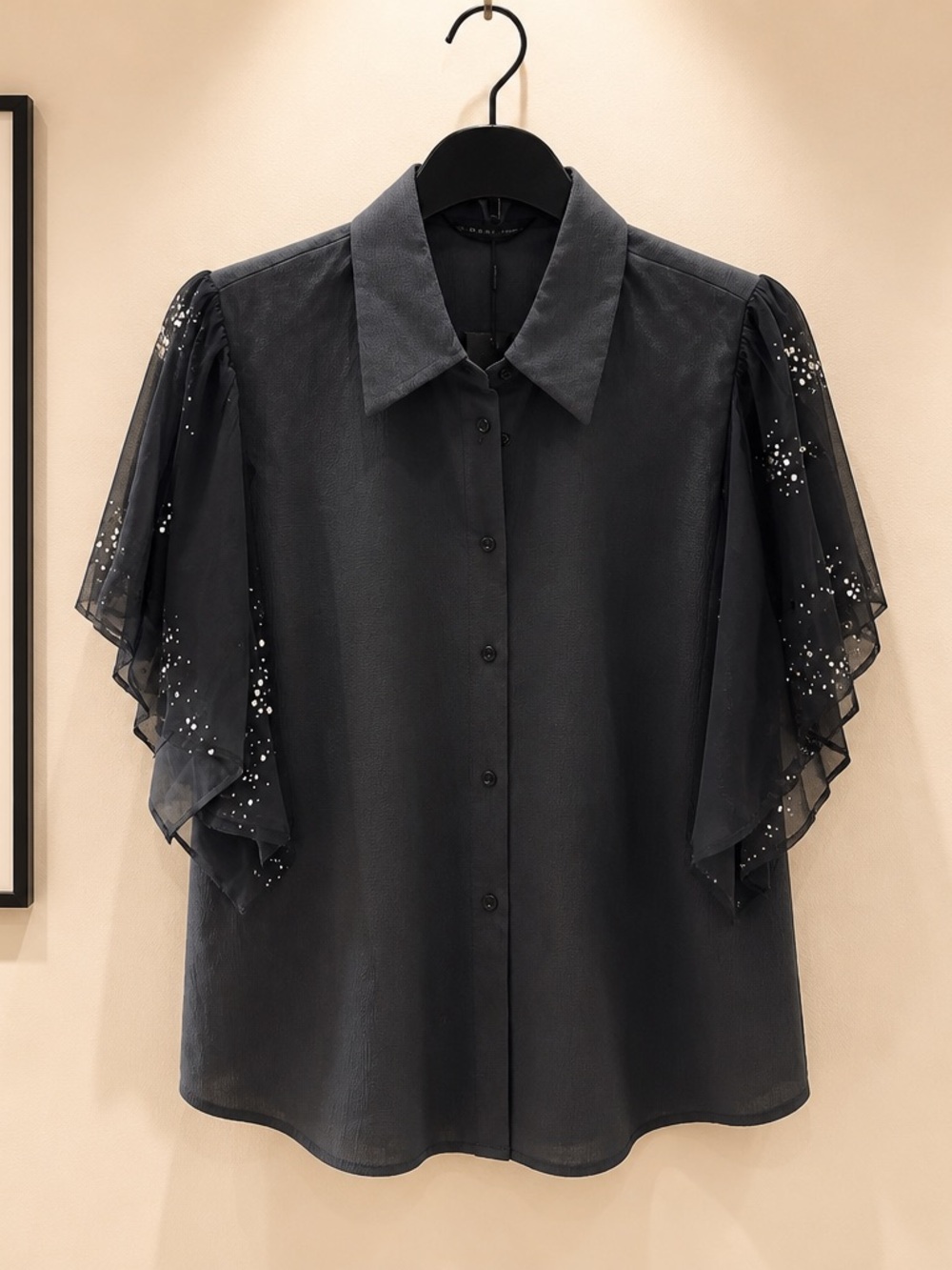 Black Button-Front Blouse with Sheer Layered Sparkle Sleeves